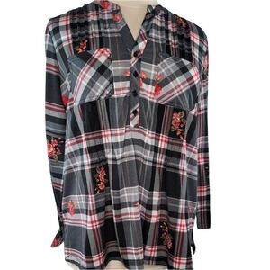 Avenue Black, White & Red Plaid Flannel  with Floral‎ Detail Blouse